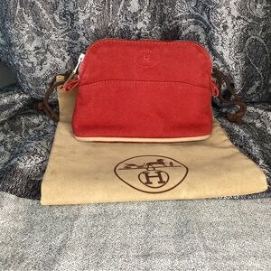 Hermes small red canvas cosmetic pouch with gunmetal chain strap and dust bag